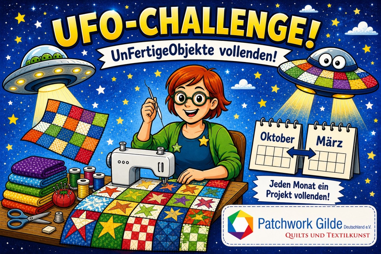 UFO-Challenge Ankündigung mit Ki-generierter Patchworkerin im Comic Style