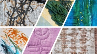 Collage von Stoffen gefärbt, bemalt und bedruckt mit Procion