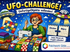 UFO-Challenge - KI-generierte Patchworkerin im Comic Style an Nähmaschine